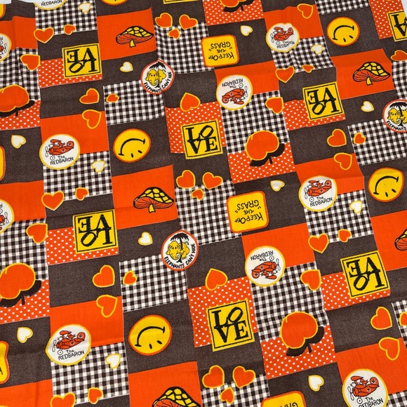 American Vintage Other - Vintage 70s Fabric Smiley Face LoVE The Red Baron Gingham Patchwork Mushrooms